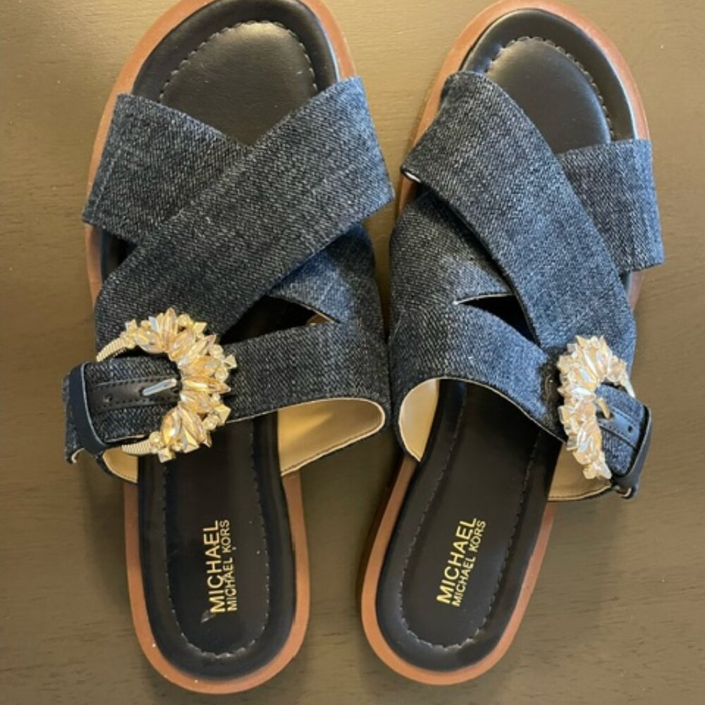 MICHAEL MICHAEL KORS Frieda denim and Rhinestone Slide Sandal 7.5M $130 EUC - Picture 2 of 5